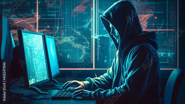 Obraz hacker in front of his computer committing digital cybercrime,