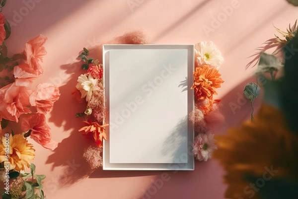 Fototapeta artistic frame canvas mock up in a curated whimsical artistic studio setting with natural light and shadows with botanical flower elements - ai generative art