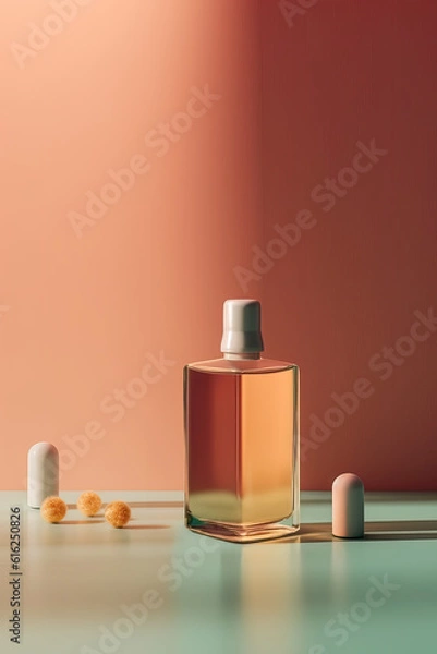 Fototapeta product photography illustration of a cosmetic beauty serum bottle mock up in a whimsical pastel setting with botanical elements - ai generative art