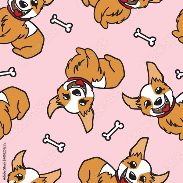 Obraz abstract seamless pattern with cartoon corgi dogs and stone. background for textiles, fabrics, web, wallpaper, bed linen, wrapping paper, postcard, phone case.