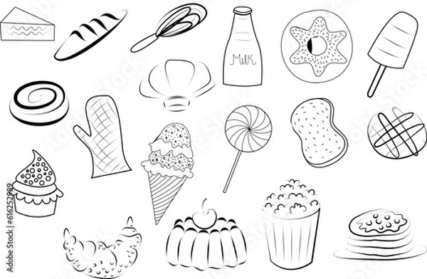 Obraz A collection of doodles related to cooking and food for pastry. It includes various elements such as kitchen utensils, ingredients, desserts. Perfect for use in cookbooks, recipe cards, menus
