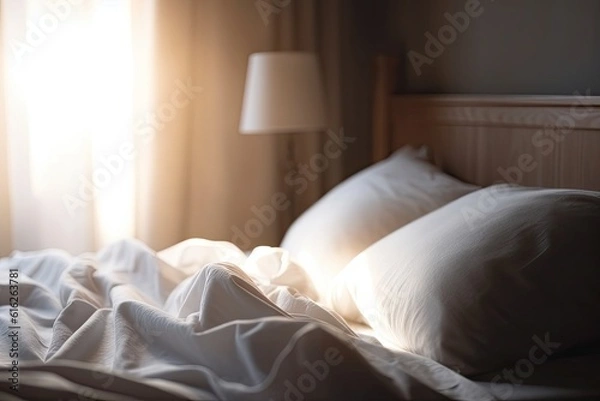 Fototapeta cozy bedroom with white bedding and pillows