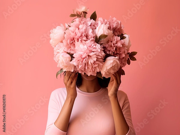 Obraz The woman is holding pink flowers in front of her face.