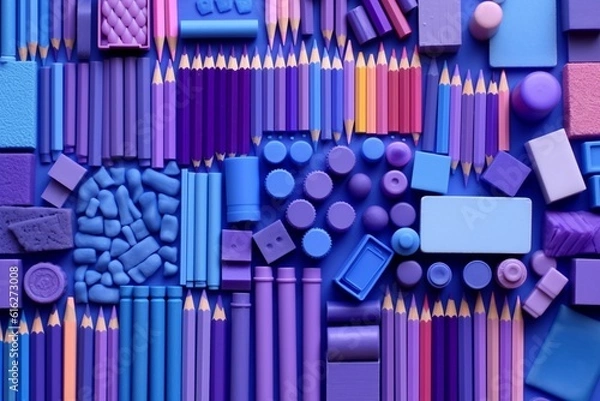 Fototapeta Background made of purple and lilac wooden crayons and other school equipment. Beginning of school year concept. Illustration. Generative AI