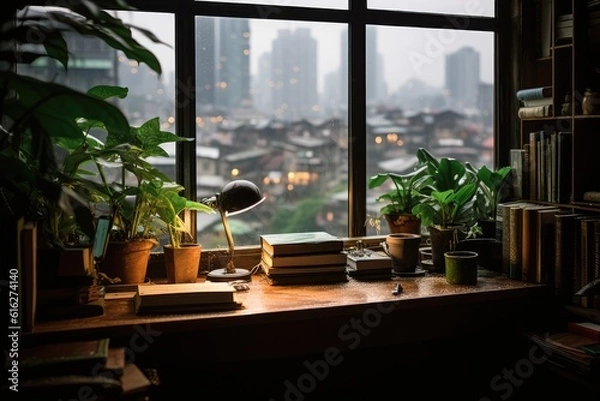 Fototapeta View from a plant-cluttered desk out a window into a rainy city