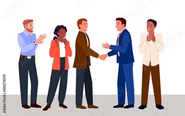 Fototapeta Business team applauding with respect to handshake of office employees vector illustration. Cartoon business leader and boss shaking hand of happy manager, corporate colleagues celebrate partnership