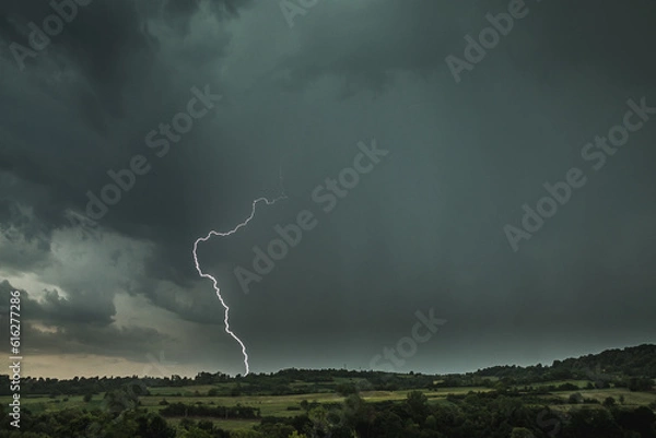 Fototapeta Storm clouds and lightning above the countryside