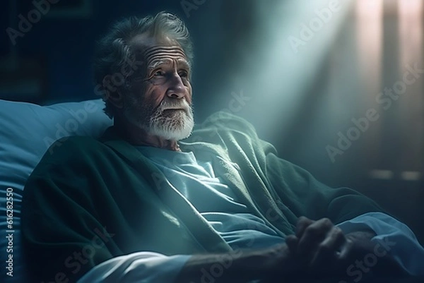 Fototapeta Portrait of sick senior man lying in bed ai generated