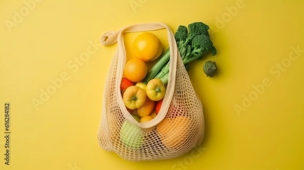 Fototapeta 
wicker string bag for fruits and vegetables. Ecological bag, eco food packaging made from recyclable materials. The concept of caring for nature. generative AI