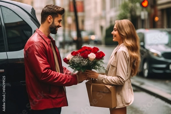 Obraz Handsome man giving a bouquet of flowers to a beautiful woman smiling. Generative AI