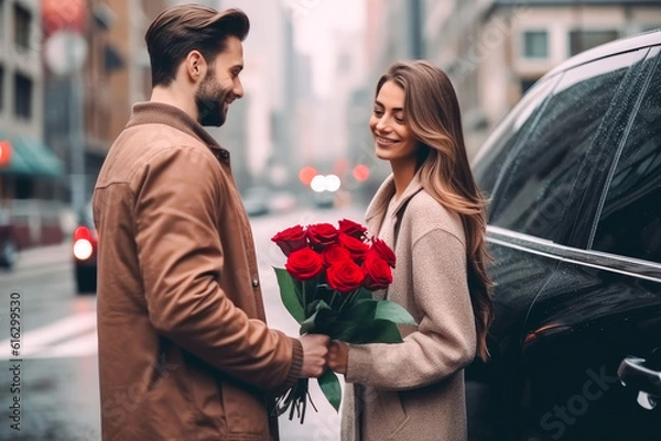 Fototapeta Handsome man giving a bouquet of flowers to a beautiful woman smiling. Generative AI
