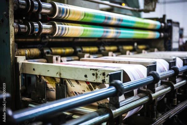 Fototapeta Machine printing newspaper, offset printing press, printing in progress. Generative AI