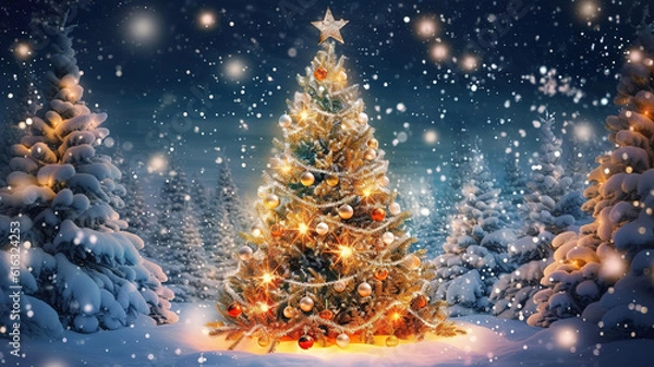 Fototapeta Christmas background. Xmas tree with snow decorated with garland lights. Generative Ai