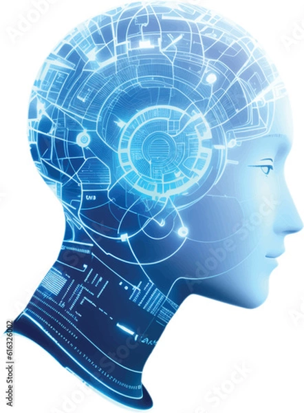 Fototapeta Robotics and AI  in Dark blue color,  Robot face and Brain create by electrical wire and line track.. Machine Learning Artificial intelligence,. Humanoid head. Future concept. Female android face