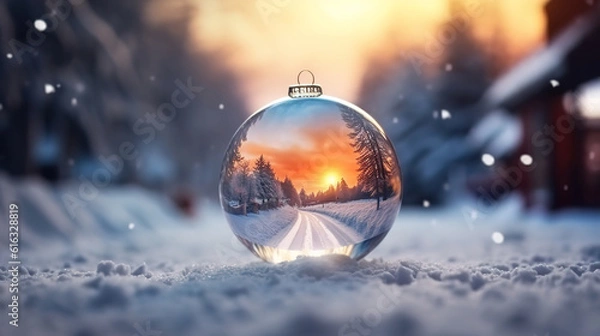 Fototapeta Happy snowman in the christmas bauble over the winter. Generative Ai