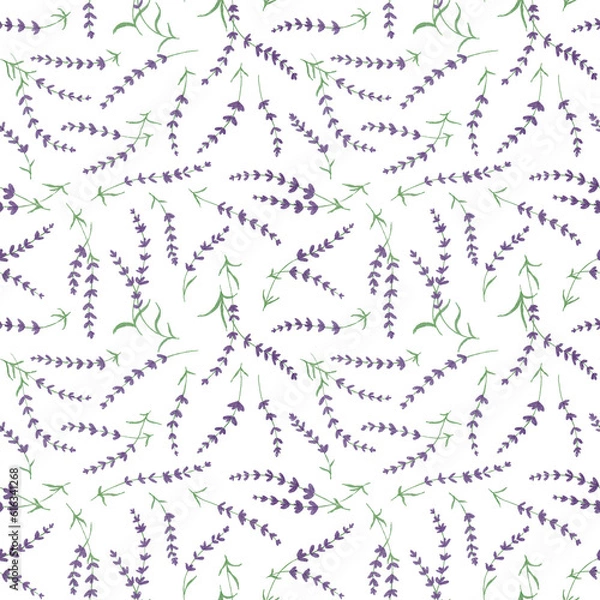Fototapeta Hand drawn seamless pattern with shining glowing line art provance purple lavender flowers.Floral spring summer botanical backdrop on white background.