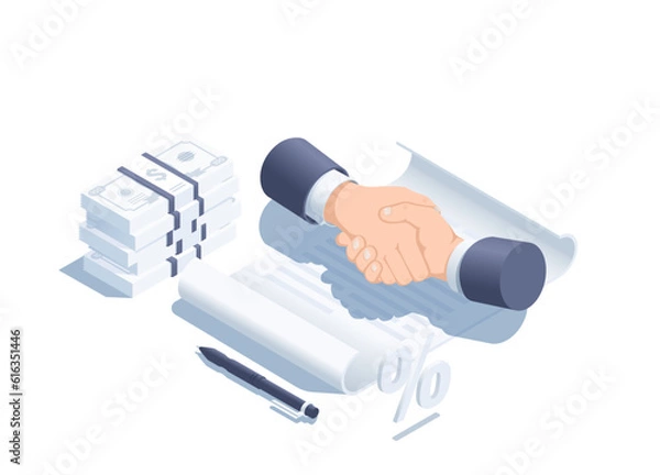 Fototapeta isometric vector illustration isolated on white background, handshake over paper contract and stack of dollar bills, financial contract