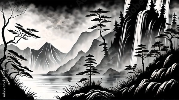 Fototapeta In a Chinese ink painting, a sunlit forest teems with vibrant nature, where trees stand tall, shadows dance, and tranquility whispers through every stroke.