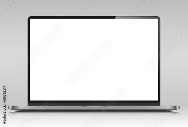 Fototapeta Realistic laptop layout with reflection. A laptop with a silver case and a white screen on a gray gradient background. Vector illustration.