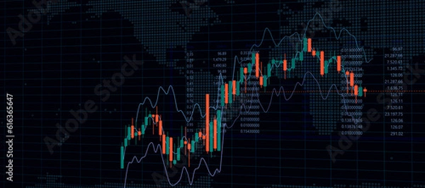 Fototapeta financial business, candlestick graph, financial investment, stock market chart on blue color monitor background, finanzmarkt, daytrading, bitcoin, amount and value numbers, growth line, world map 
