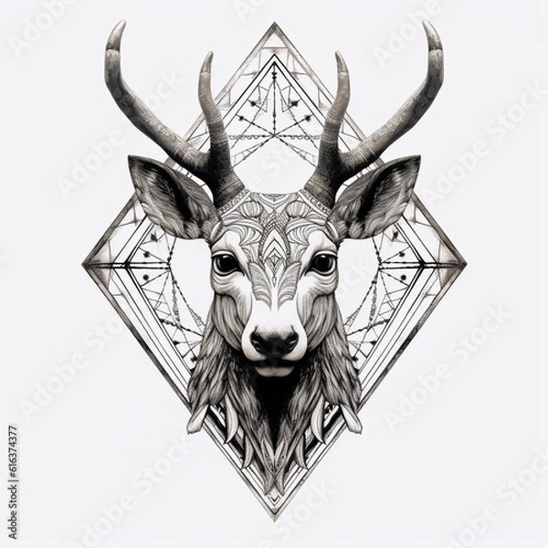 Fototapeta black and white deer on the background of a boho style triangle motif, a symbol of indigenous indians from north america, generative AI