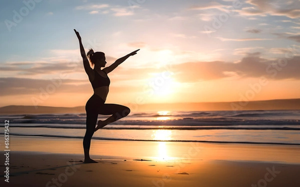 Fototapeta Creative Concept. Silhouette of a woman doing yoga in stunning beautiful sunset tranquil beach. illuminated with light. sensual, advertisement, magazine, health