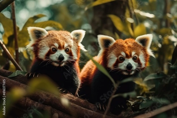 Fototapeta Playful Red Pandas Energetic Bamboo Eaters