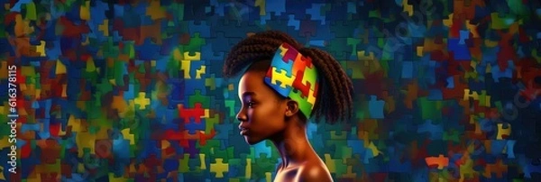 Fototapeta Fictional black girl child with a puzzle brain. Concept for Disability Pride Month, world brain day, mental health and brain neurological health, autism spectrum disorder. Created with generative ai