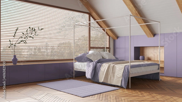 Fototapeta Attic interior design, minimal wooden bedroom with canopy bed and panoramic window in white and purple tones. Carpet and decors. Japandi scandinavian style