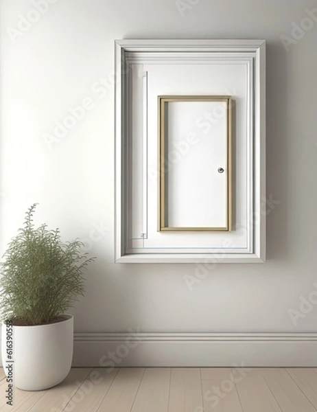 Fototapeta Mockup blank picture frame in room interior with green plants, 3d render