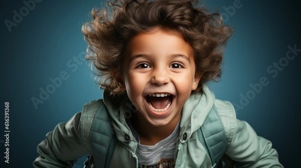 Fototapeta Little child leaping and having fun with a heavy rucksack and a bright smile