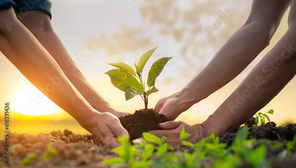 Fototapeta people hands planting small tree in sunset. concept save earth, Ai generative