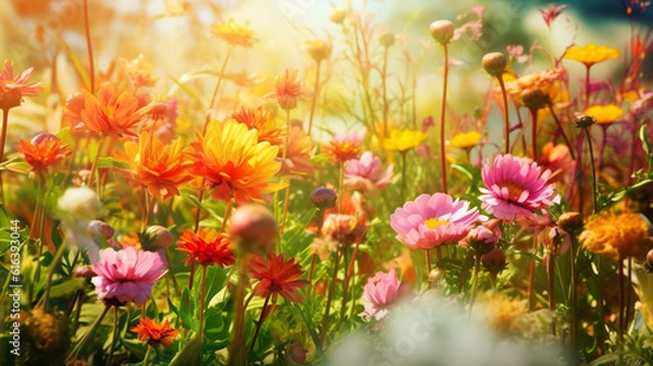 Fototapeta Beautiful flowers nature in sun light. Generative AI