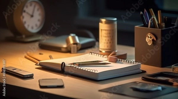 Fototapeta Organized clean desk stationary workspace generative ai