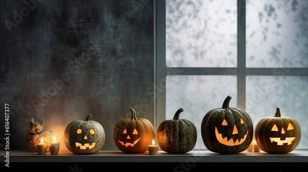 Fototapeta 
Halloween pumpkin with an evil carved muzzle in a festive interior, Witch's Night or All Saints' Eve. Vegetable jack lantern decoration. Hand crafted from food, carving for the holiday. Generative AI