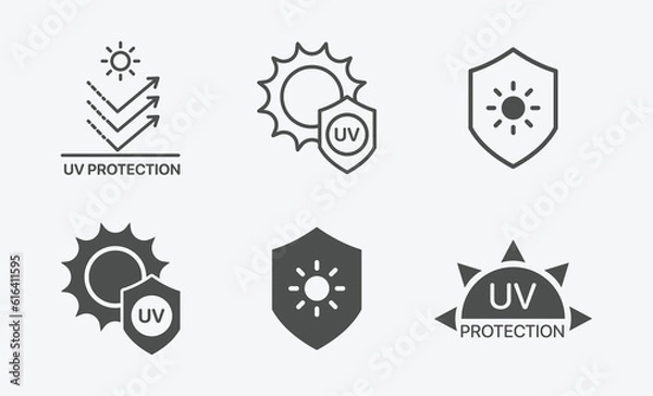 Fototapeta Set of UV Protection Related Vector Line Icons. Vector set of sun protection line icons. UV protection for skin. Icons for sunscreen products or other skin cosmetics