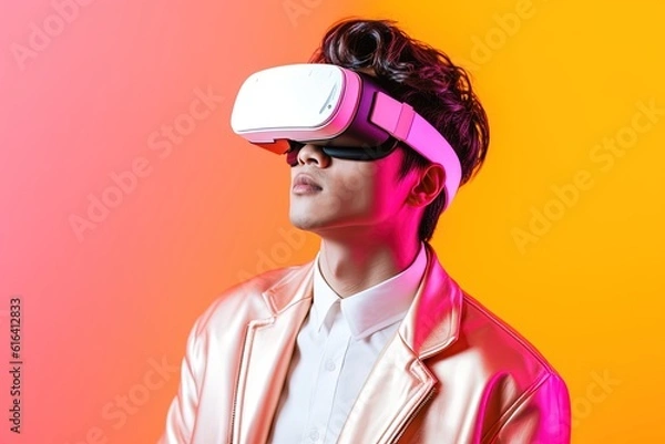 Fototapeta Portrait of a futuristic young man wearing virtual reality glasses.Generative Ai