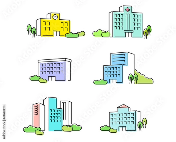 Fototapeta フラットな線画イメージ建物イラストカラフル