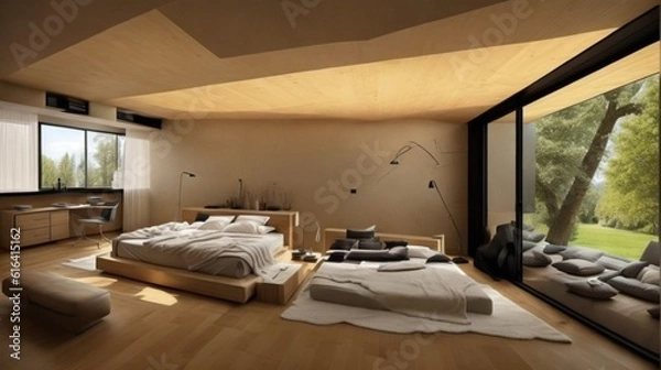 Fototapeta Multi bed bedroom interior design of a Modern House in an all-glass wall overlooking outside the city. High quality illustration. High ceiling, high glass window mid-century house.