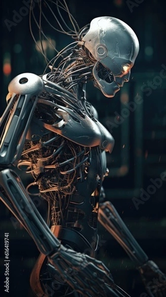 Fototapeta A Cutting-Edge Transhuman Robot with Complex Wire Connections: Exploring the Intricacies of Artificial Intelligence. Generative AI