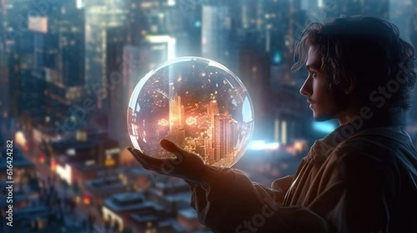 Fototapeta Person holding energy ball in the middle of a massive city, magician, power concept