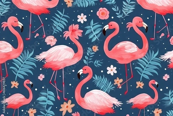 Fototapeta Seamless pattern of flamingo, tropical leaves of palm tree.Tile texture. Simple seamless pattern for fabric, textile, gift wrap, and wallpaper.
