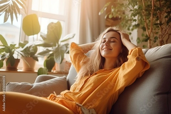 Fototapeta Happy woman relaxing on the sofa at home - Smiling girl enjoying day off lying on the couch, Healthy life style, good vibes people and new home concept