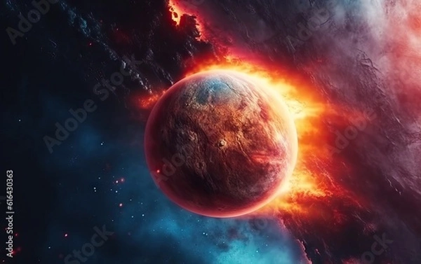 Fototapeta Exoplanet cinematic Exploration - Fantasy Landscape. Exoplanets in colorful space with constellations and stardust.