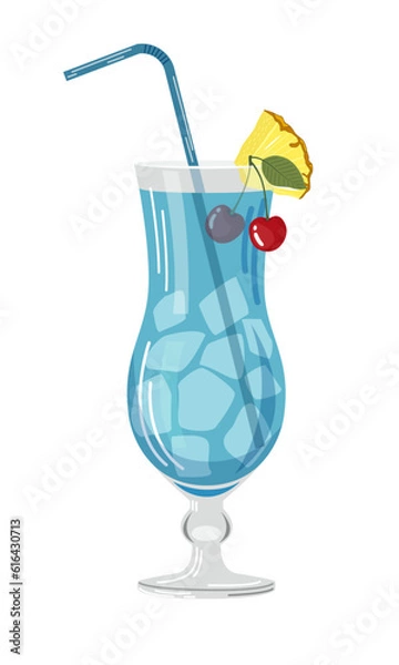 Fototapeta Vector illustration of a blue cocktail with a slice of pineapple, cherry and ice cubes on a white background in a flat style. Suitable for menu design, food stickers, scrapbooking.