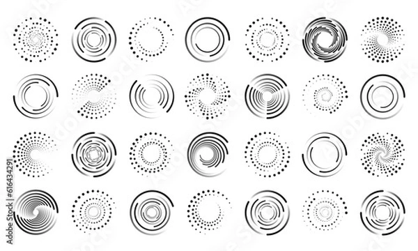 Fototapeta Circle halftone set. Dot pattern. Half tone round logo isolated graphic elements, abstract texture icon, round frame, shadow gradient effects, ring bubble, geometric vector design effect