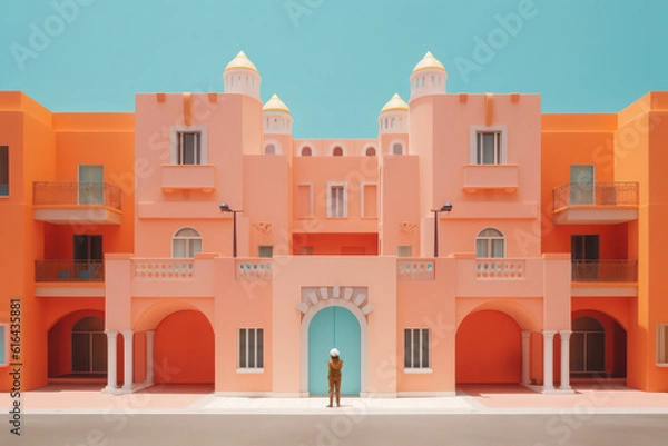 Fototapeta whimsical colorful futuristic architectural illustration of a fantasy building/room in pastel retro colours with sci-fi elements - generative ai art