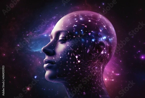 Fototapeta Cosmic Consciousness: Prismatic Human Head Amidst Space Constellations and Moon