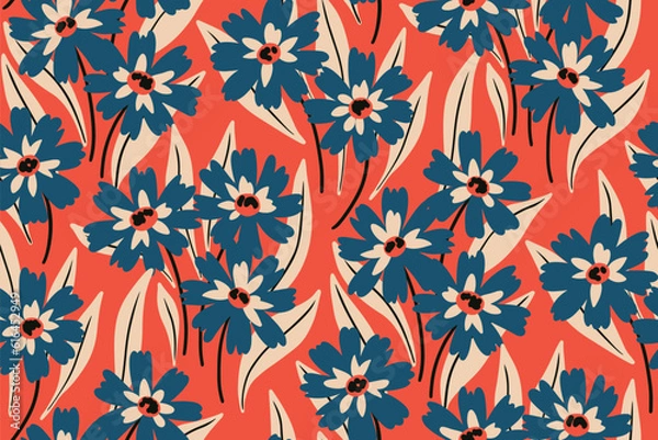Fototapeta Seamless floral pattern, graphic ditsy print for creative retro style. Stylish design for textile, paper with wild meadow: small hand drawn flowers, leaves on a red background. Vector illustration.