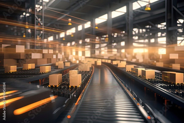 Fototapeta Rapid movement of logistics warehouse packaging boxes on conveyor belts. AI technology generated image